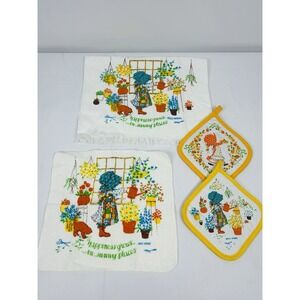 Vintage Holly Hobbie Cannon Dish Towel Wash Cloth Hot Pad Set 4pc Yellow Orange
